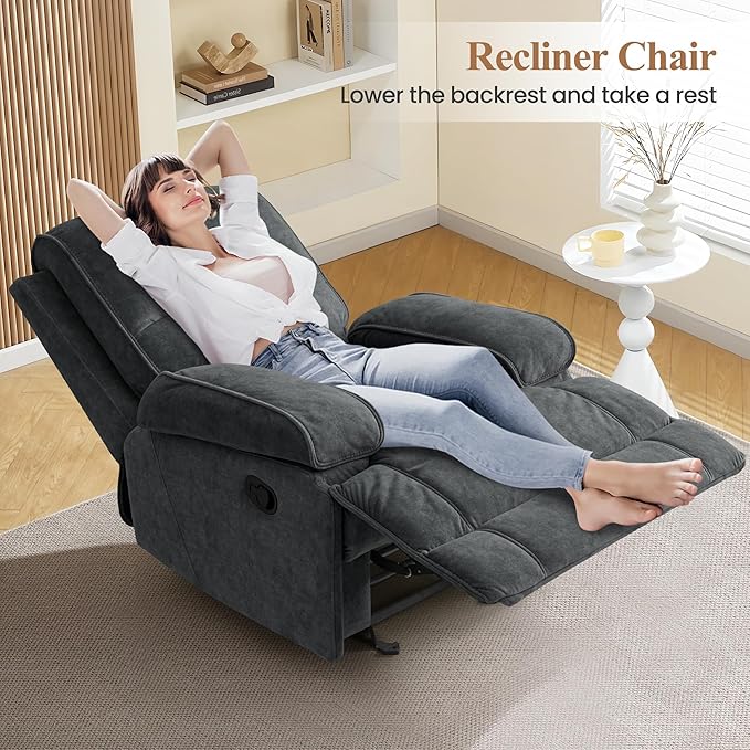 Nursery Rocking Chairs,Velvet Rocker Recliner Nursing Chair,Oversized Nursery Recliner Glider Chair with Extra Wide Footrest for Breastfeeding,Dark Grey