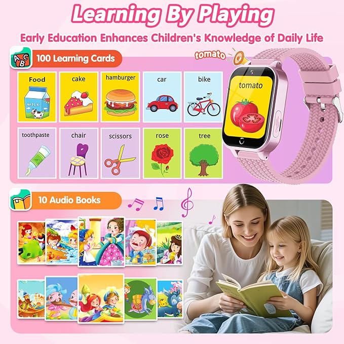 Smart Watch for Kids Girl Gift Ages 3-12, 2 Screen Protector, 26 Puzzle Games, HD Camera Video Music Player Touchscreen Pedometer, Educationtal Toy Brithday Gifts for Girl Ages 4 5 6 7 8 9 10(Pink)