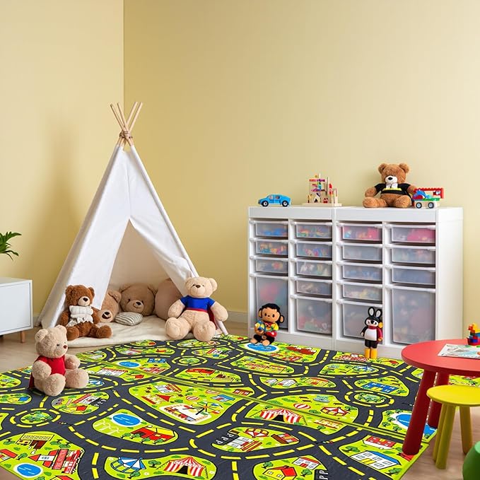 Kids Car Rug Play Mat (2.6x5 Feet) x2pcs, City Road Track Rug for Kids Race Car Track Carpet & Educational