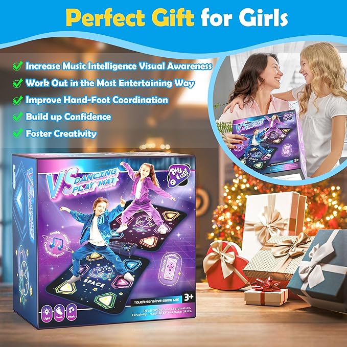 Large Double Electronic Dance Mats, Dance Pad with LED Light & Wireless Bluetooth, Music Dance Toy with 6 Game Modes, Challenge Game for Single & Double Players, Dance Mat Toy for 3-12 Year Old Girls