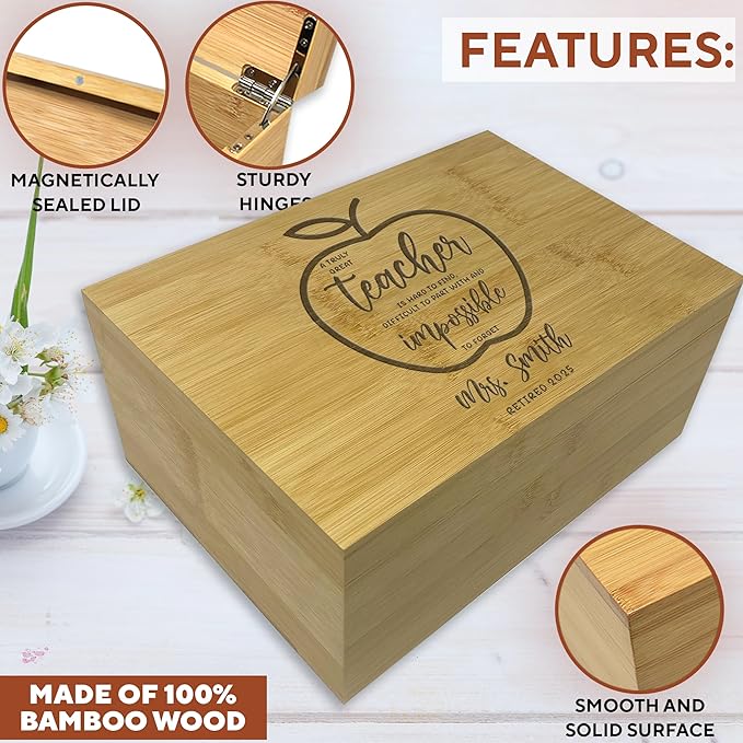 Teacher Retirement Gifts For Women - Personalized Memory Box, Teacher Appreciation Gifts for Coworker, Farewell Gift for Teachers, Keepsake Chest Bamboo Wood, Custom Engraved Design, 11 x 8 x 4,75 in