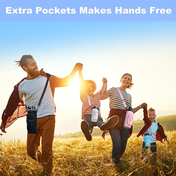 Water Bottle Holder with Strap for Hydroflask 32oz 40oz, Carrier Sling Bag with Phone Pocket Sleeve for Men Women Hiking Camping Travelling(Pink 40oz)