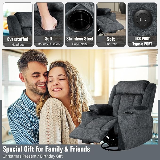 Retro Rocking Recliner Chair, Massage Rocker Recliner Chair with Vibration Massage and Heat, USB and Type-C Ports,360° Swivel Chairs,Living Room, Bedroom, Nursery, RV, Dark Grey