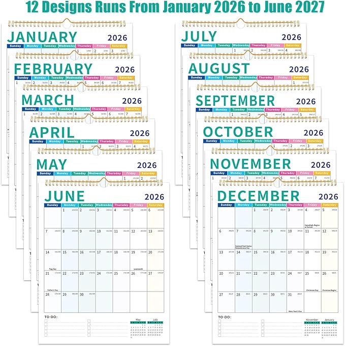 Wall Calendar 2026-2027, 18 Month Calendar from January 2026 to June 2027 14.5" x 11.8" Large Desk Calendar with Twin-Wire Binding for Home Office Planning Personal Organisers, Colorful Block