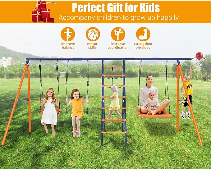 Swing Sets for Backyard 3 Seats - 6 in 1 Swing Set Outdoor for Kids, Extra Large Heavy Duty Metal Swing Frame with 3 Adjustable Swings, Climbing Ladder and Net, Basketball Hoop, Load 700 lbs
