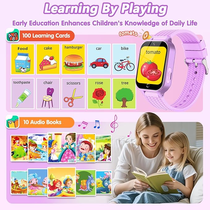 Smart Watch for Kids Girl Gift Ages 3-12, 2 Screen Protector, 26 Puzzle Games, HD Camera Video Music Player Touchscreen Pedometer, Educationtal Toy Brithday Gifts for Girl Ages 4 5 6 7 8 9 10(Purple)