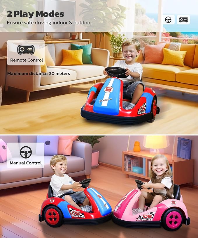 ELEMARA Bumper Cars for Kids with Big Wheels, 2.2 Mph, 12v Electric Ride On Toys with Remote Control, 360 Degree-Spin Bumper Car for Toddlers with DIY Stickers, Bluetooth, Music, LED Light, Red
