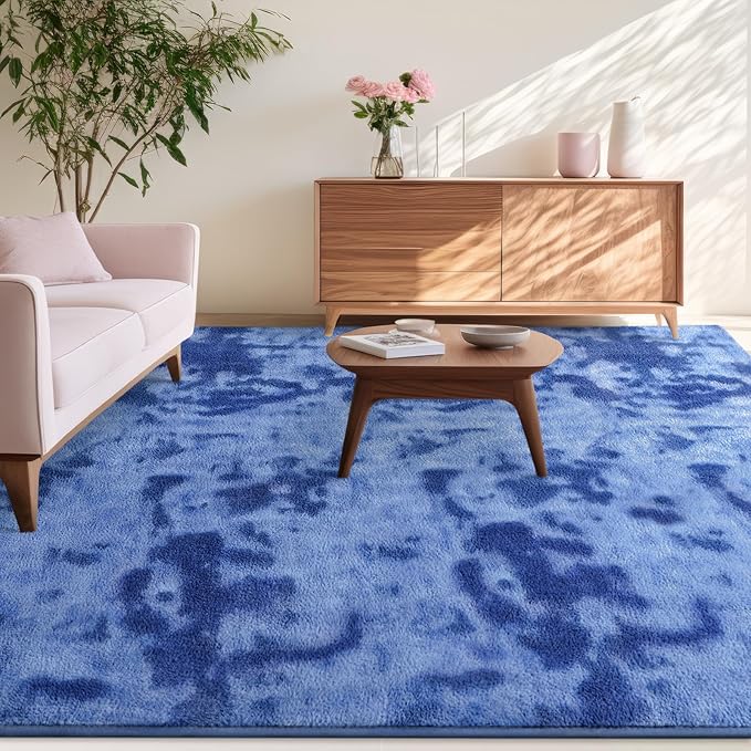 Kimicole 5x8 Washable Area Rugs for Bedroom Living Room, Low Pile Ulta-Thin Solid Color Rug, Non-Slip Soft Fluffy Carpet for Nursery Kids Room Dorm Room Home Decor (Blue)
