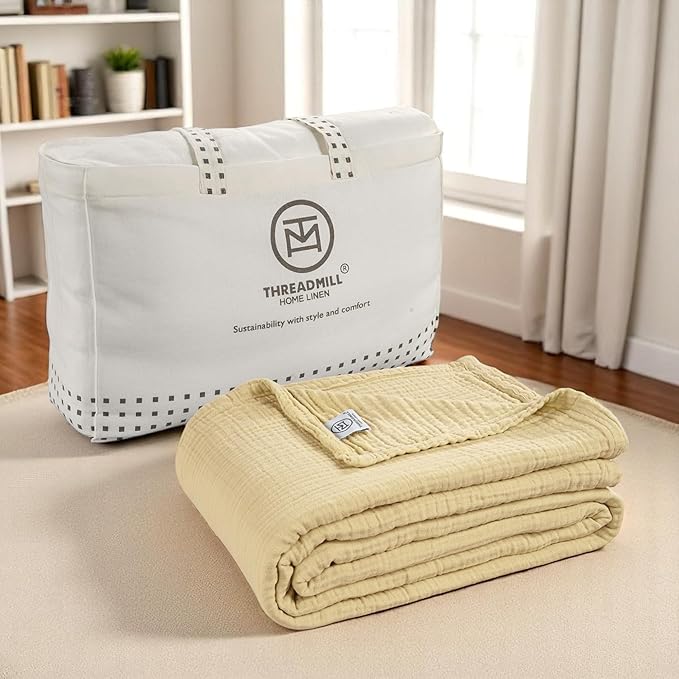 Threadmill King Size Blanket | 4 Layer 100% Cotton Gauze | Lightweight, Breathable, and Cozy Summer |Muslin Blanket for Couch, Bed| Beige