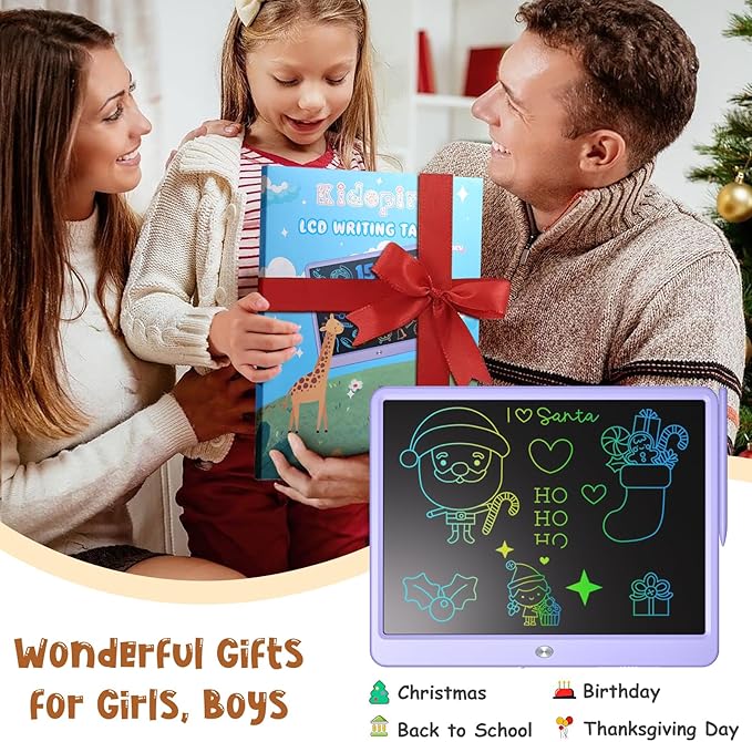LCD Writing Tablet for Kids, Kidopire 15 Inch Large Screen Doodle Board, Colorful Drawing Writing Board Tablet Kids Age 3-12+ Birthday Erasable Drawing Pad Message Practice Note Learning Toys, Purple