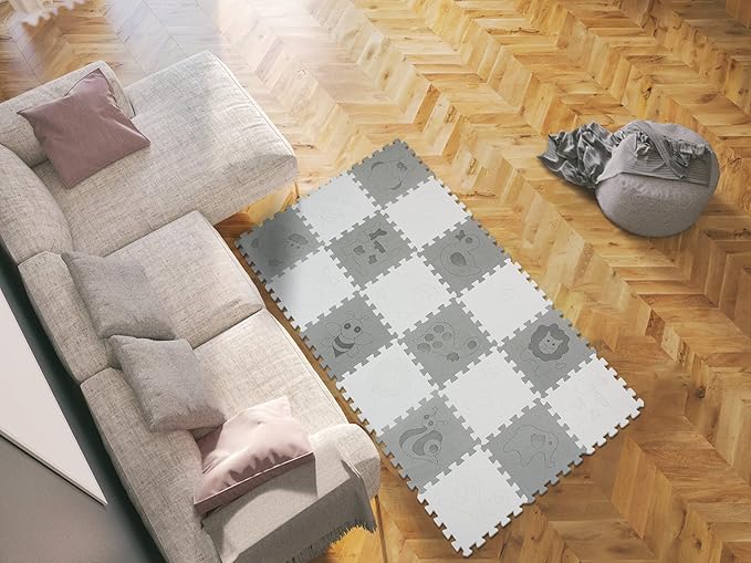 qqpp EVA 18 Tiles Baby Play Mat for Playing, Interlocking Foam Floor Mats for Tummy Time & Crawling, Puzzle Flooring Tiles with Animals Laser Pattern for Kids. QL-11(AL) b18N