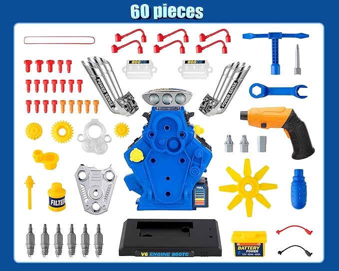 STEM New V6 Engine Model Building Kit,60-Piece Take Apart Toy with Realistic Lights & Sounds, Electric Drill & Tools - Mechanic Repair Playset for Kids Ages 3-5