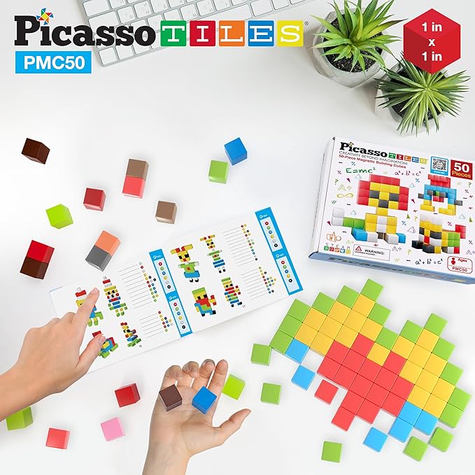 Picasso Cubes Kids Pixel 1” Magnetic Puzzle Cube Mix & Match w/Free Ideabook Sensory Toys STEAM Learning Building Block Magnets Construction Toy Set Stacking Magnet Creative Kit