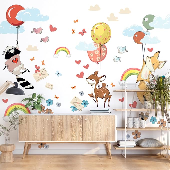 Hot Air Balloon Wall Decals by Lipastick - Peel and Stick Animal Stickers Raccoon, Fox, Koala, Panda for Kids Room, Nursery, Playroom, Bedroom - Removable Wall Decor for Boys, Girls, Babies - XXL Size