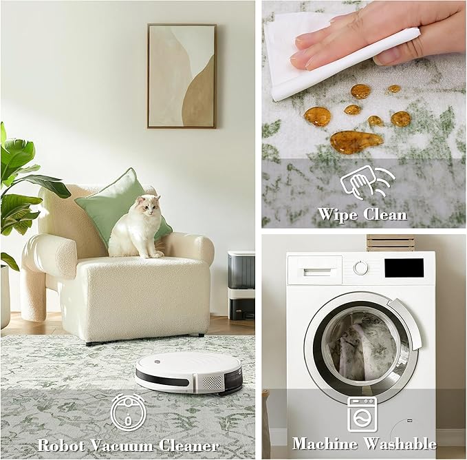 Sage 3x7 Runner Rug for Hallways Bed Side Kitchen, Boho Washable Distressed Low-Pile Floor Entryway Long Bathroom Mat, Non-Slip Laundry Room Washstand Front Carpet Green 36x84 Inch