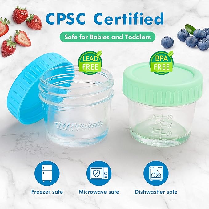 WILLDAN Glass Baby Food Storage Jars w/Lids (4 oz, 24 Pack Set) Snack, Puree, Reusable Small Containers, Breast Milk, Fridge or Freezer, Microwave & Dishwasher Safe, Essential Must Have for Infants