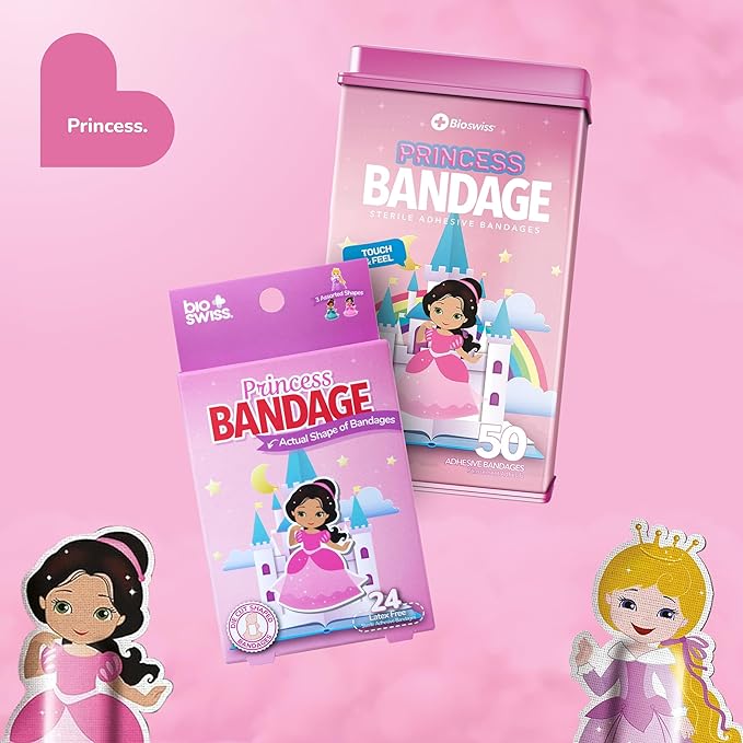 BioSwiss Bandages, Princess Shaped Self Adhesive Bandage, Latex Free Sterile Wound Care, Fun First Aid Kit Supplies for Kids, 50 Count