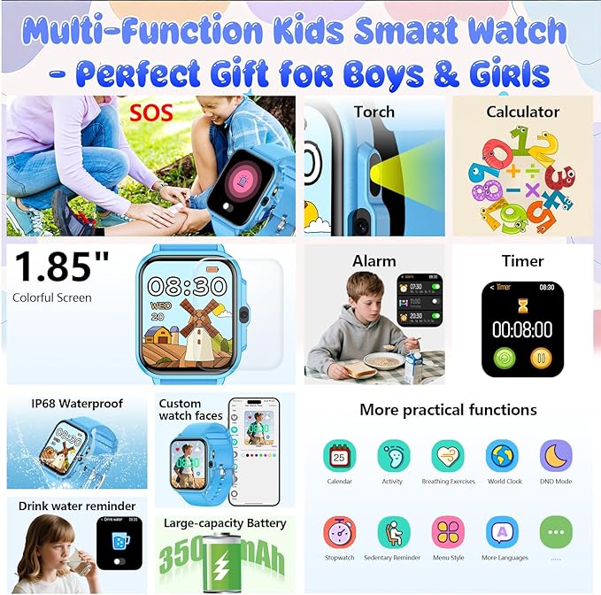 Smart Watch for Kids, 1.85" Fitness Tracker Pedometer Watch, Health, Sleep Monitor, Puzzle Games, Alarm Clock, Camera, Music Player, Torchlight, Activity, Gift Toys for 4 - 13 Years Old Boys and Girls