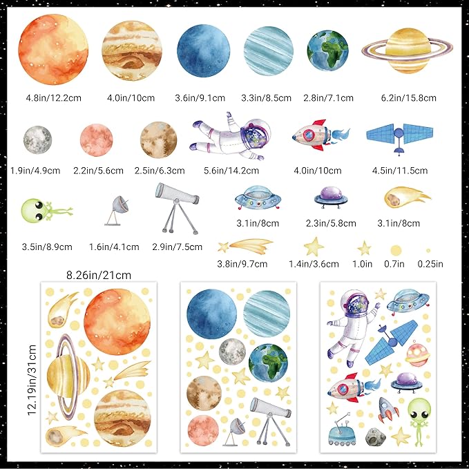 Watercolor Solar System Wall Decals, Glow in The Dark Stars, Kids Planets Sticker for Ceiling, Astronaut Wall Stickers for Bedroom(Green)