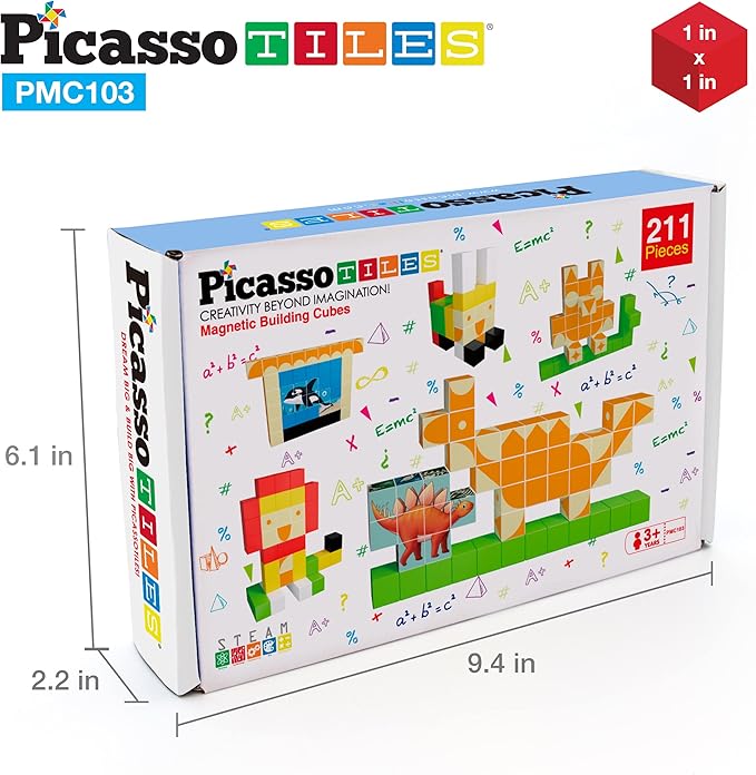 PicassoTiles 103 Pieces 1" Magnetic Toy Building Block Cubes Building Block, 3D Cube Construction Cubes Magnet Sensory Toys Gifts Educational with Free Idea Book for Kid, Boy, Girl & Toddler PMC103