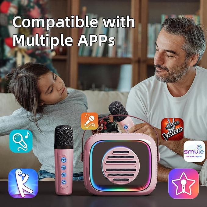 YF93 Kids Karaoke Machine with 7 Voice Effects, Bluetooth & Colorful LED Lights – Portable Singing Toy with Pro, Monster, KTV Modes for Home Parties(Pink)