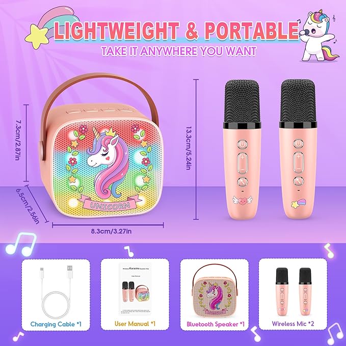 Unicorn Mini Karaoke Machine Toys: Kids Toys Girls Birthday Gifts Age 3-12+ LED Portable Bluetooth Speaker with 2 Wireless Microphone Gift Toy for 4 5 6 7 8 9 Years Old Girl Boy Kid Adult