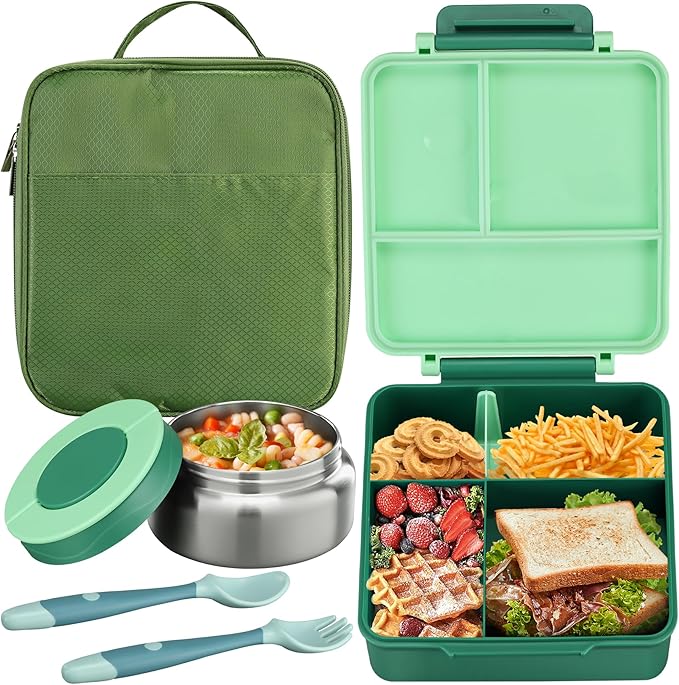 Bento Lunch Box for Kids with 8oz Soup Thermo&Lunch Bag, Leak-Proof Lunch Food Containers with 4 Compartment, Hot Food Insulated Food Jar for Kids School (Green)