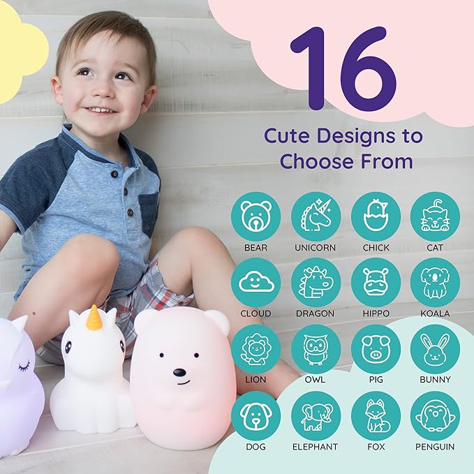 Lumipets Remote Control Silicone Night Light for Kids - Bear Design with 9 Soft Colors & Sleep Timer - Rechargeable, Battery-Operated Lamp for Bedroom | Baby Nursery, Toddler, Girls, Boys
