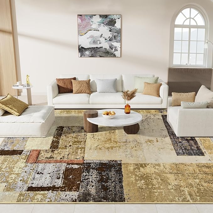 LOCHAS Rug for Living Room, Washable Soft Area Rugs for Bedroom 6x9, Abstract Carpet for Indoor Office Kids Dining Room Nursery Floor, Khaki Geometric Vintage Home Decor, Non Slip, Pet Child Friendly