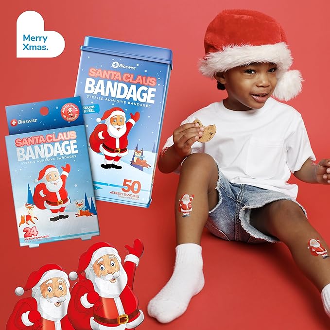 BioSwiss Bandages, Santa Claus Shaped Self Adhesive Bandage, Latex Free Sterile Wound Care, Fun First Aid Kit Supplies for Kids, 24 Count