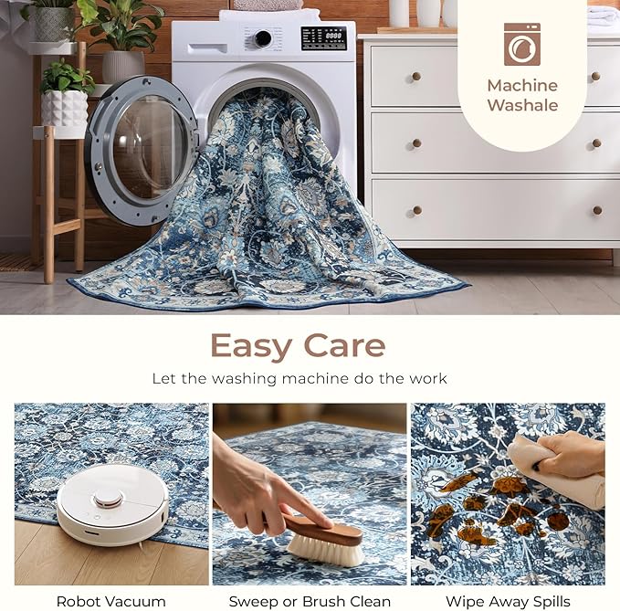 Floral 8x10 Area Rug for Living Room, Large Washable Blue Rugs, Soft Non Slip Carpets, Stain Resistant Low Pile Carpet for Indoor Dining Bedroom Under Table Home Office Nursery, Blues Garden