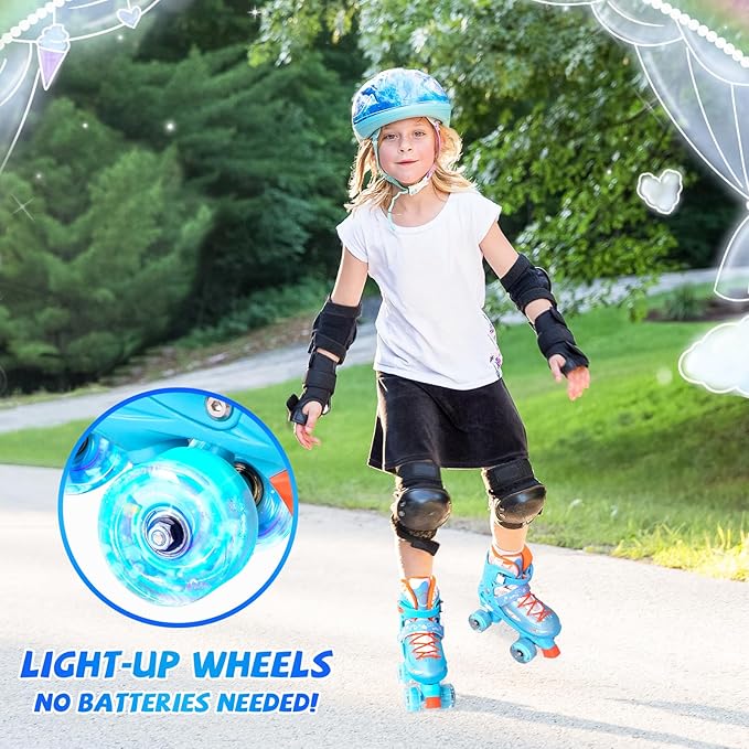 Rainbow Toddler Roller Skates - Size 4 Adjustable | Light Up Quad Skates for Girls & Boys Beginners Aged 3-12