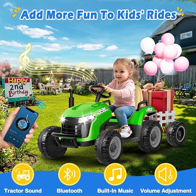 24V Ride On Tractor w/Tiltable & Detachable Trailer, 2x65W Motors, EVA Tires, Remote Control, Bluetooth, Shifter, Music, Electric Car for Kids, Green