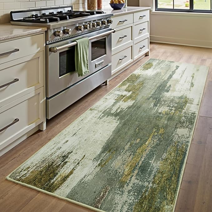 Washable Runner Rug, 2x6 Kitchen Rugs Green Long Runner Rugs with Rubber Backing, Abstract Non-Slip Carpet Runners for Hallways, Kitchen, Bedroom, Laundry, Entrance