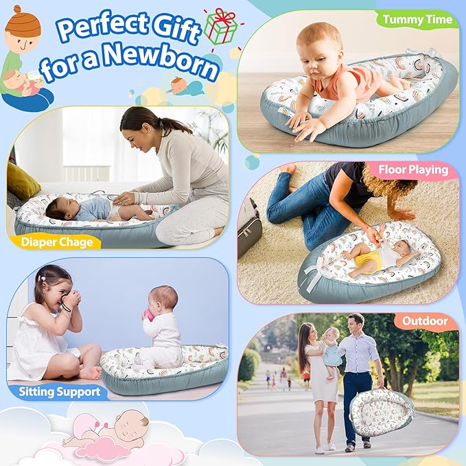 Baby Lounger - Baby Lounger for Newborn 0-24 Months, Breathable & Soft Baby Nest, Portable and Lightweight Lounger for Home and Travel, Ideal Newborn Babies Essentials (Blue-Rainbow)