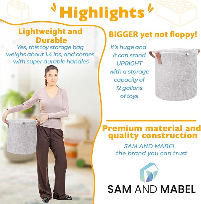 SAM AND MABEL XXL Toy Storage Organizer with Play Mat – 15" x 15" x 16" Storage Bin for Kids Playroom, Foldable Fabric Bag and Basket for Nursery (Gray)