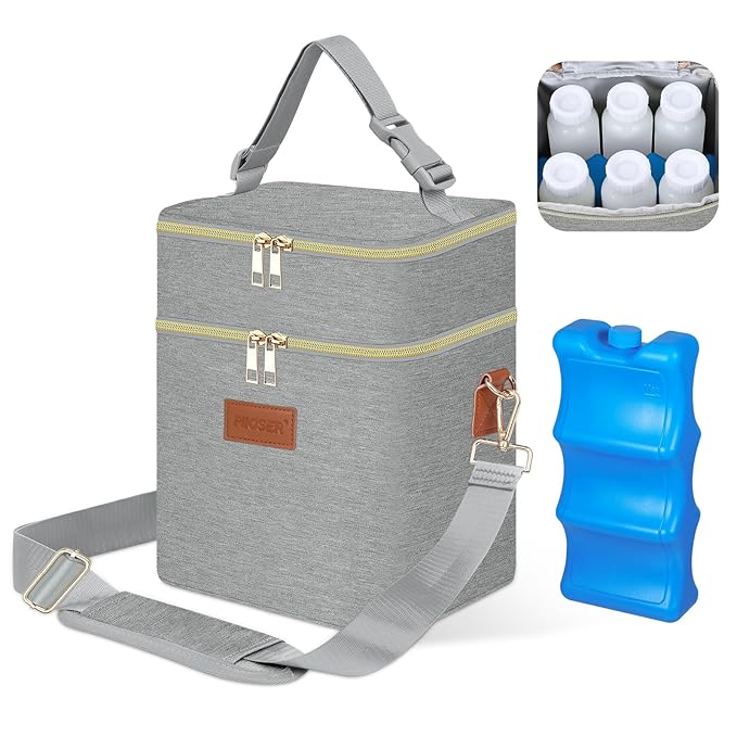 PIIOSER Breastmilk Cooler Bag with Ice Pack Fits 6 Baby Bottles Up to 9 Ounce, Insulated Baby Bottle Tote Bags, Double Layer Waterproof Leak-Proof with Shoulder Strap for Nursing & Working Mom (Grey)