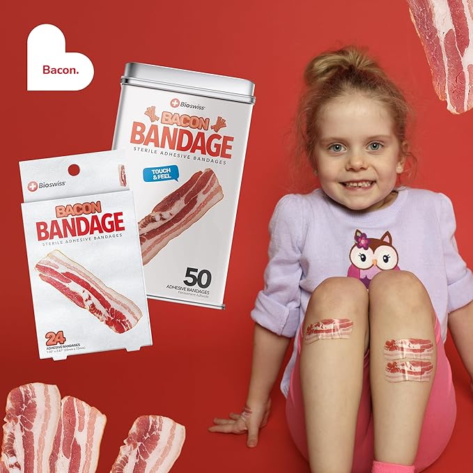 BioSwiss Bandages, Bacon Shaped Self Adhesive Bandage, Latex Free Sterile Wound Care, Fun First Aid Kit Supplies for Kids, 24 Count