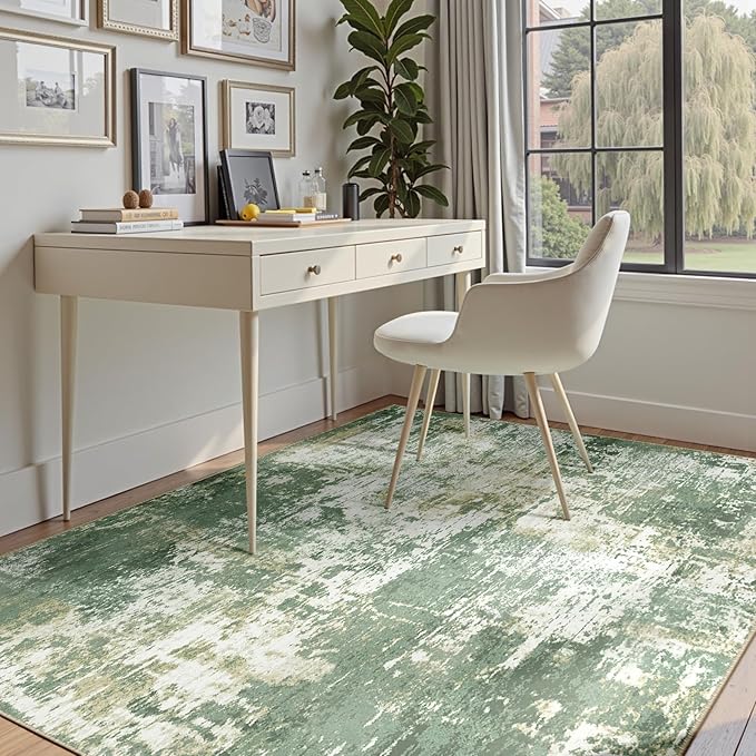 Washable Area Rugs 5'x7' Non-Slip Modern Abstract Soft for Living Room Entryway Bedroom Nursery, Print Pattern, Light Green/Yellow