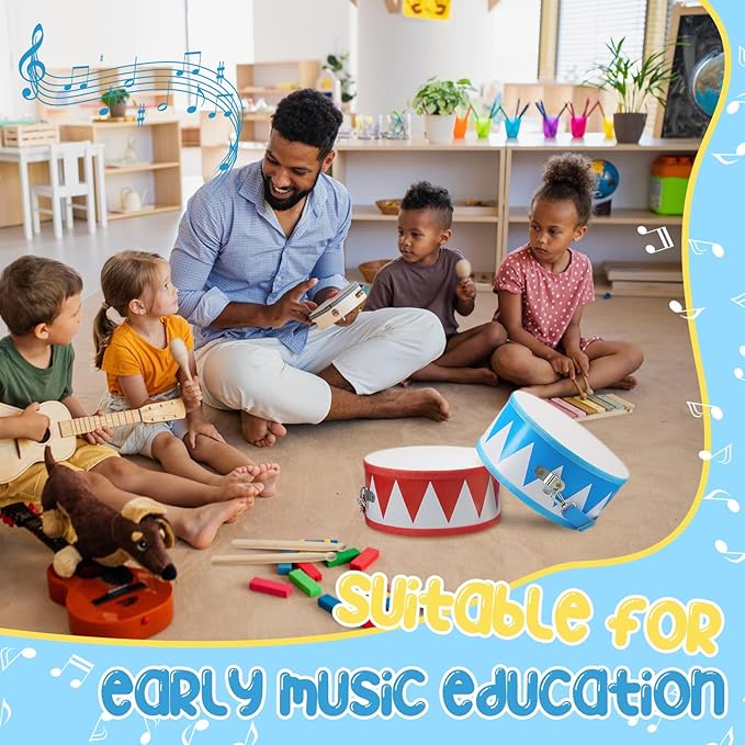 Boao 2 Pcs Kids Drum Set, 8 Inch Toddler Drum Wooden Toy with Adjustable Strap and 4 Drumsticks, Educational Sensory Musical Instrument for Toddlers Kid Baby Boys Girls Gift (Flag)
