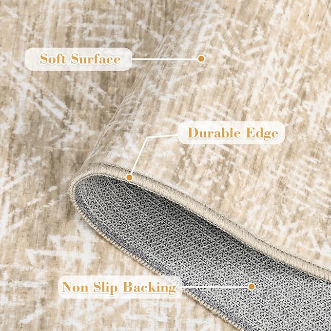 COZYLOOM 4x6 Rug Machine Washable Foldable Printed Area Rug Modern Distressed with Non Slip Design Stain Resistant Non Shedding Pet Friendly Carpet Perfect for Home Decor, Faux Wool, Beige