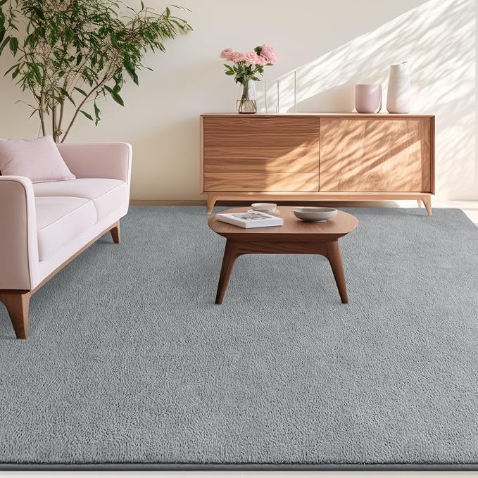 Kimicole 7x10 Washable Area Rugs for Living Room Bedroom, Large Low Pile Ulta-Thin Solid Color Rug, Non-Slip Soft Fluffy Carpet for Nursery Kids Room Dorm Room Home Decor (Grey)