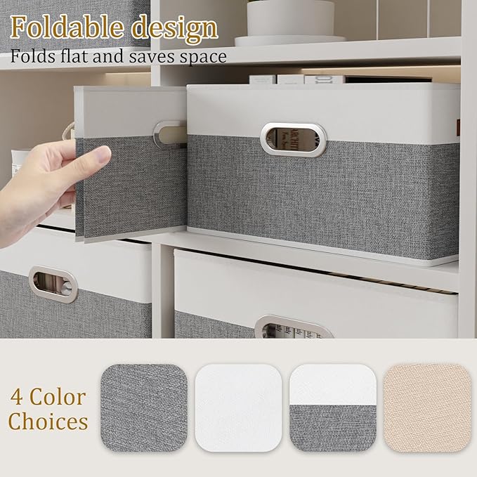 Yawinhe Fabric Storage Bins with Handles, Foldable Baskets for Shelves, Cubes with 3 Handles, Large Boxes for Clothes, White/Grey, 16.9''Lx11.8''Wx10.2''H, 6-Pack