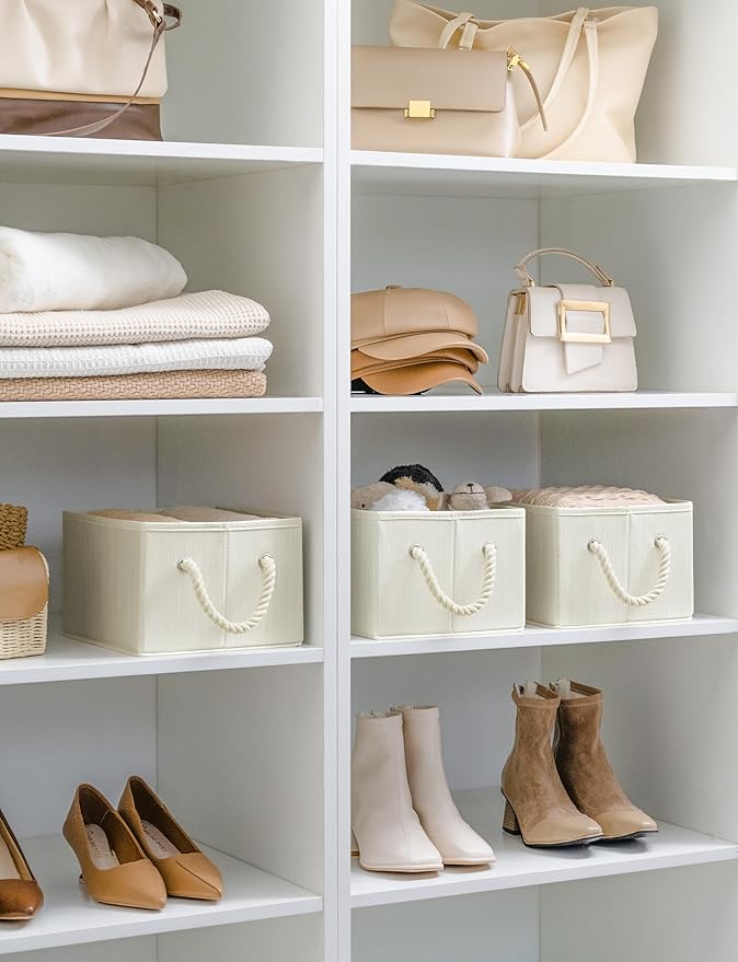 StorageWorks Storage Baskets for Shelves, Foldable Fabric Closet Storage Bins with Handles, Fabric Storage Bins Clothes Organizer, Beige, White & Ivory, 3-Pack, Small