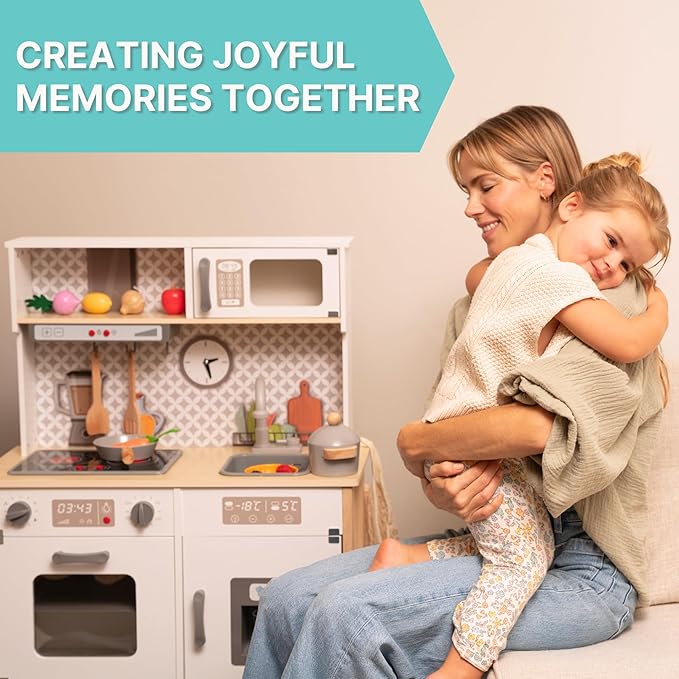 Wooden Play Kitchen for Kids with Working Sink & Faucet Toy – Montessori Sensory Pretend Playset for Toddlers 3-5 – Interactive Kids Kitchen Playset with Lights & Sounds