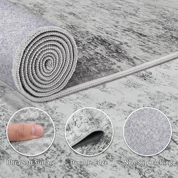 6x9 Area Rug Living Room Rugs - Washable Rug Large Modern Abstract Soft Thin Carpets Indoor Floor No Slip Vintage Carpet for Bedroom Under Dining Table Nursery Home Office Decor Gray