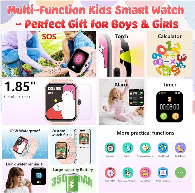 Smart Watch for Kids, 1.85" Fitness Tracker Pedometer Watch, Health, Sleep Monitor, Puzzle Games, Alarm Clock, Camera, Music Player, Torchlight, Activity, Gift Toys for 4 - 13 Years Old Boys and Girls