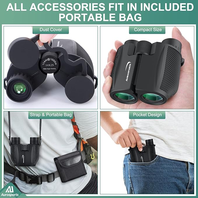 Aurosports 10x25 Binoculars for Adults and Kids, Large View Compact Binoculars with Low Light Vision, Easy Focus Small Binocular for Bird Watching Outdoor Travel Sightseeing Concert Hunting Hiking