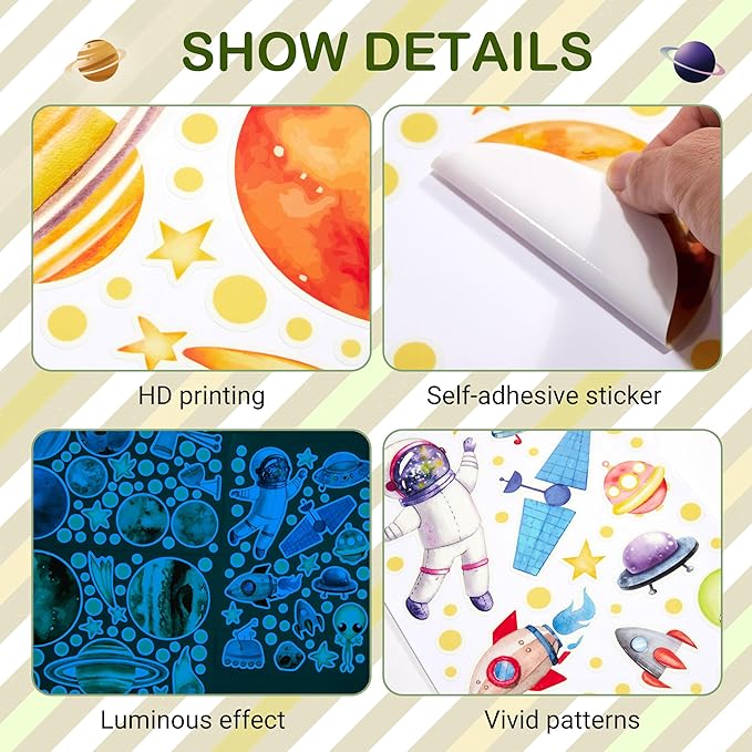 Watercolor Solar System Wall Decals, Glow in The Dark Stars, Kids Planets Sticker for Ceiling, Astronaut Wall Stickers for Bedroom(Blue)