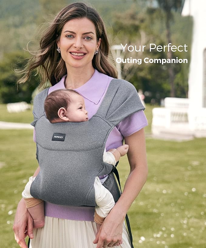 Momcozy Portable Baby Carrier – Compact & Lightweight, Adjustable for Travel, Fold & Go Convenient Storage Hip Pouch, Wide Shoulder Straps, Soft Skin-Friendly Fabric, for Babies 12–35 lbs (Grey)
